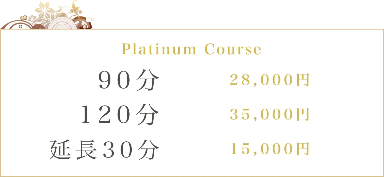 プラチナコース 90分28000円、120分35000円、延長30分:10000円